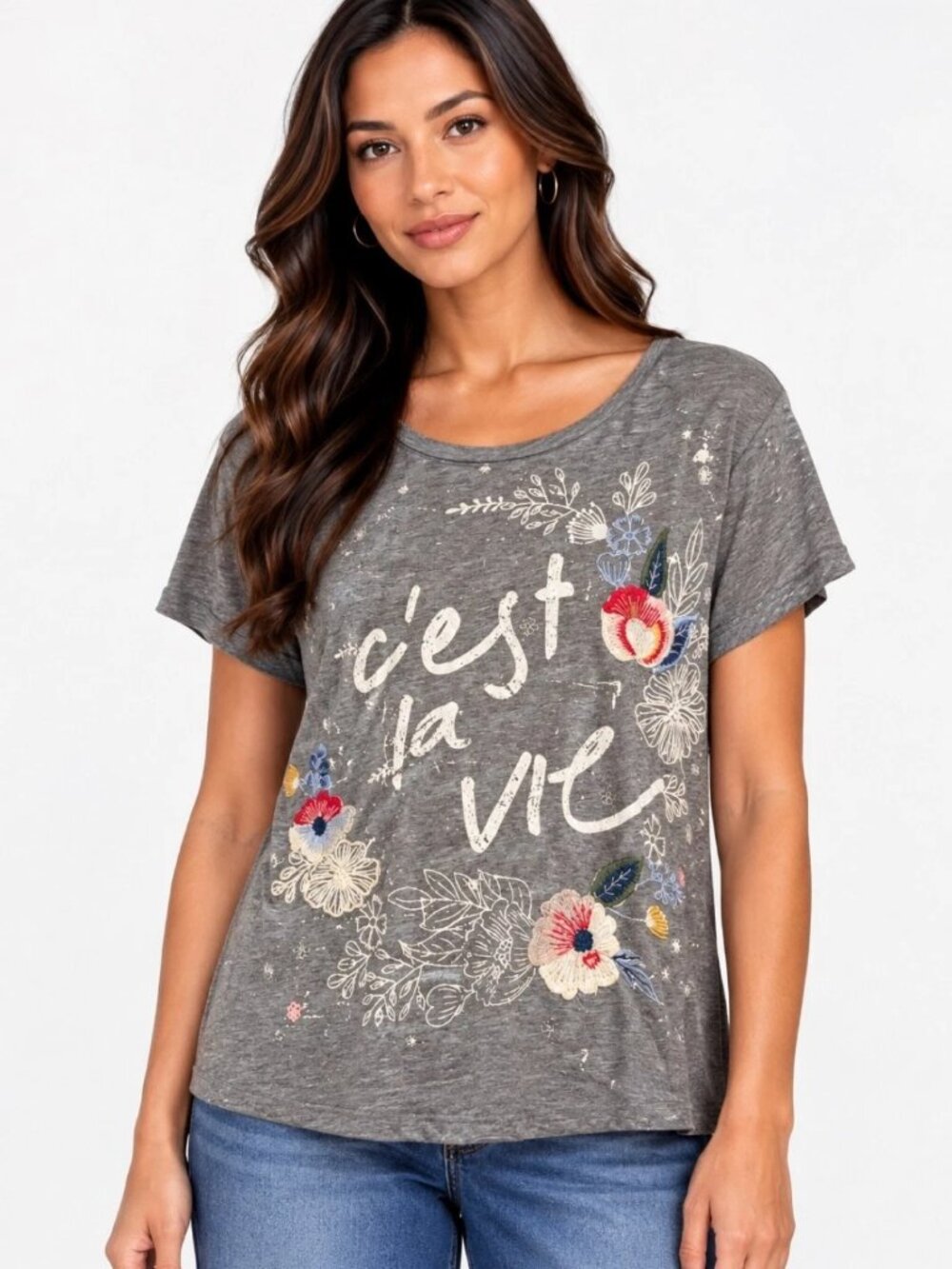 NWT Caite Kyla Seo Martina Tee Heather Grey Cest La Vie Floral Embroidered Small